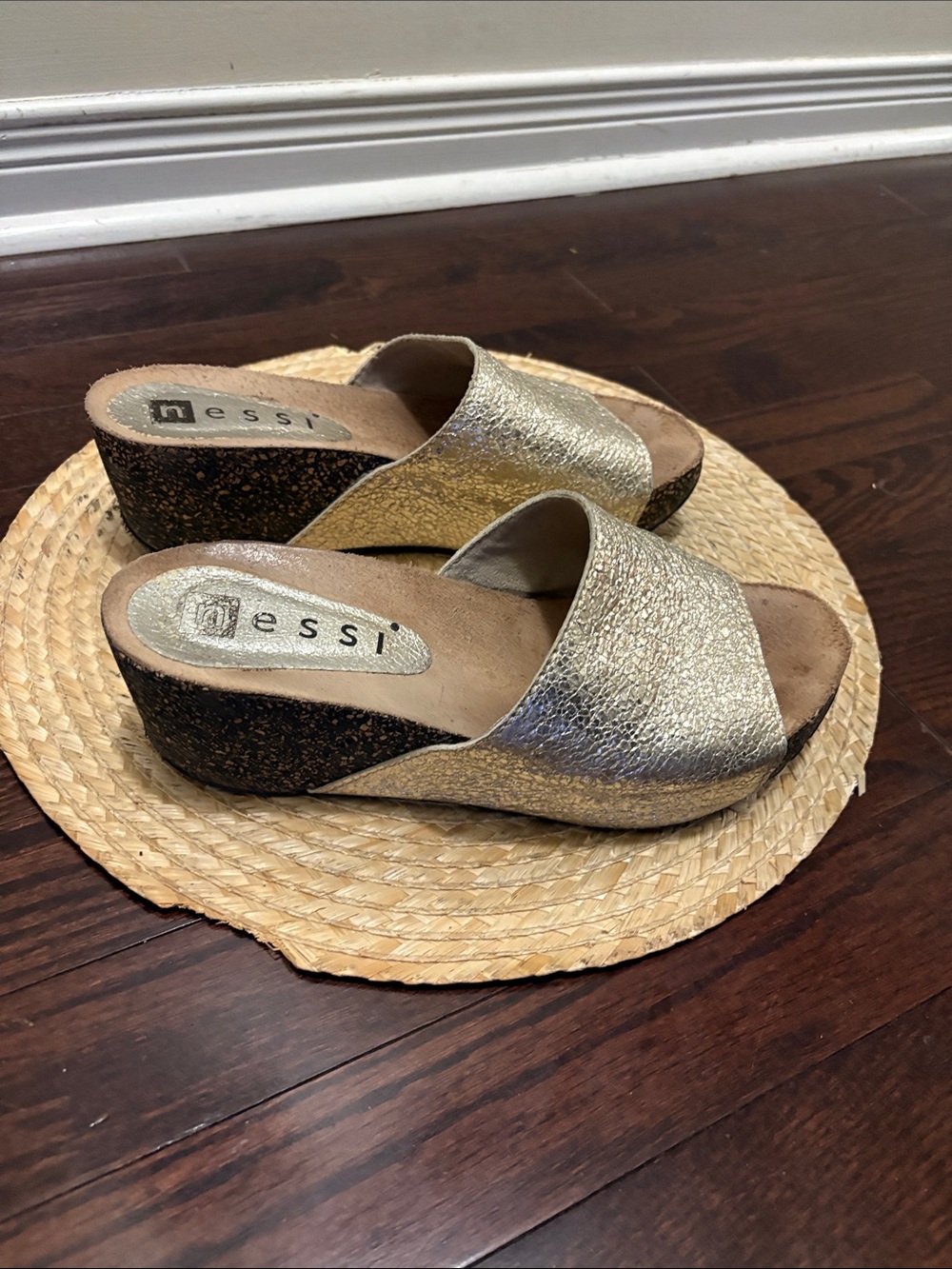 Gold Metallic leather Wedge Slide Sandals